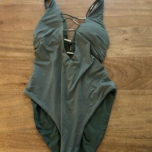 Plunge Front Olive Green One-Piece Swimsuit